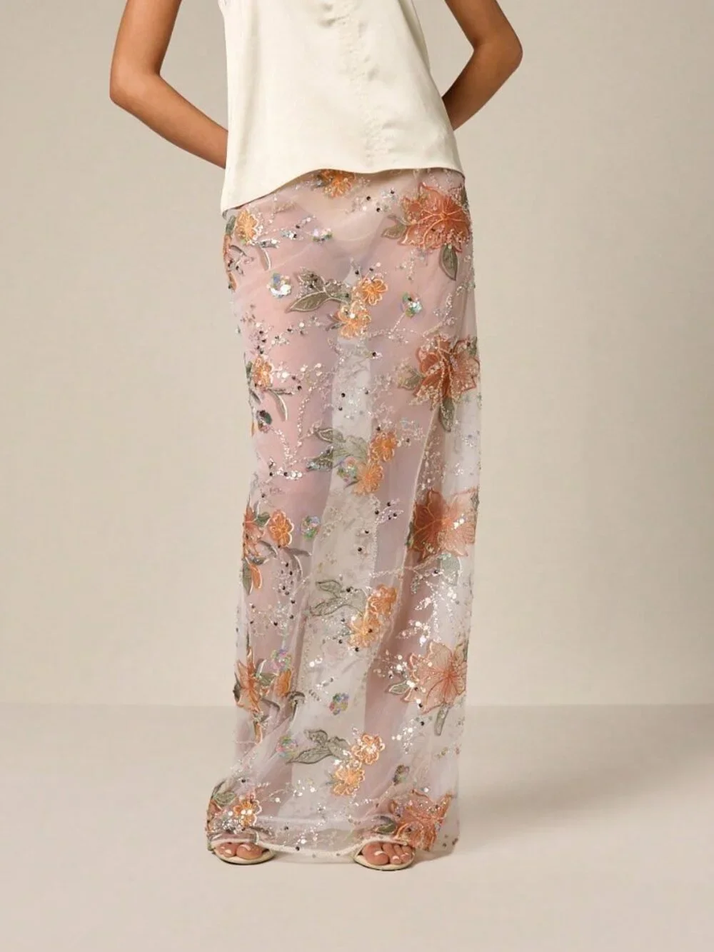 Multicolor Sexy Women's Floral Pattern Sequin Embellished Maxi Skirt with Floral